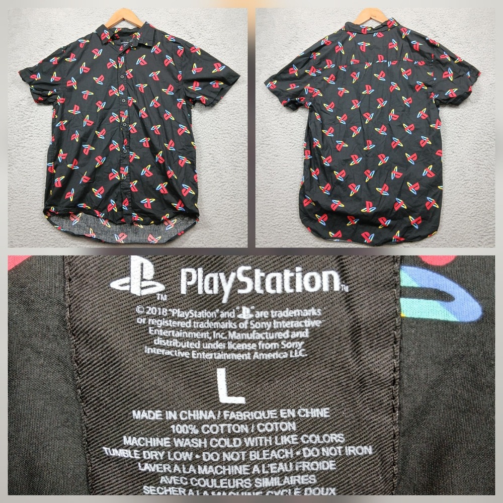 PlayStation Men's Button-Up Shirt L Black‎ Allover Logo Print Short Sleeve